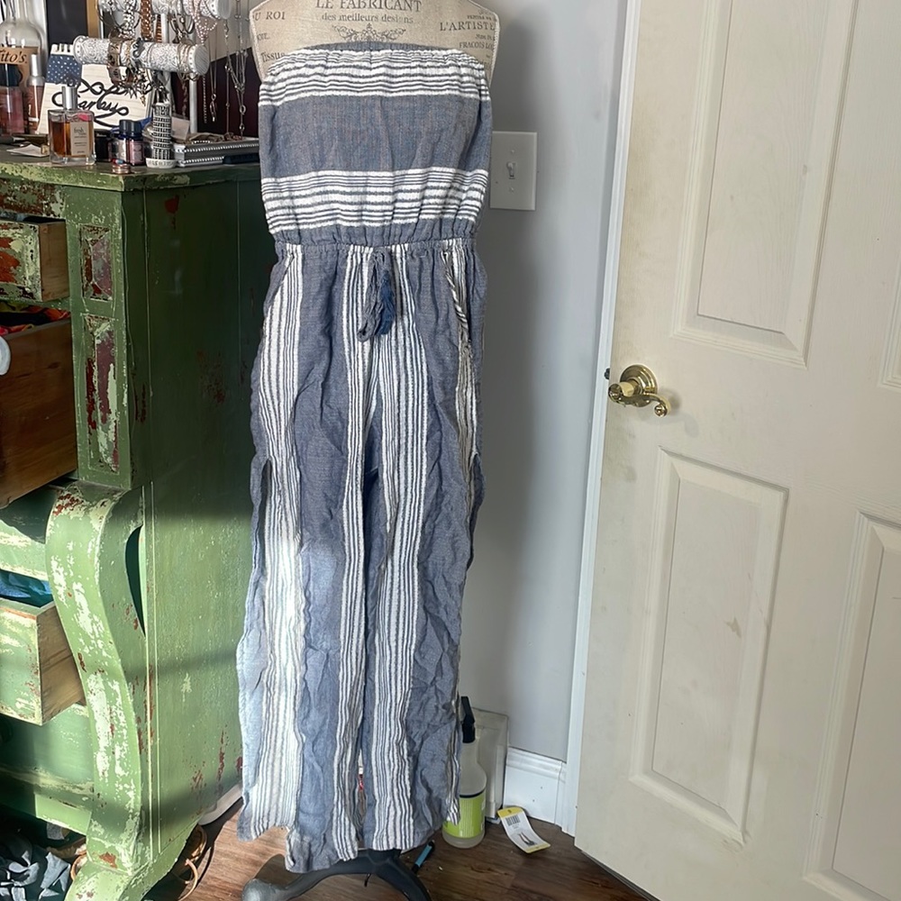 Blue and white striped jumpsuit
